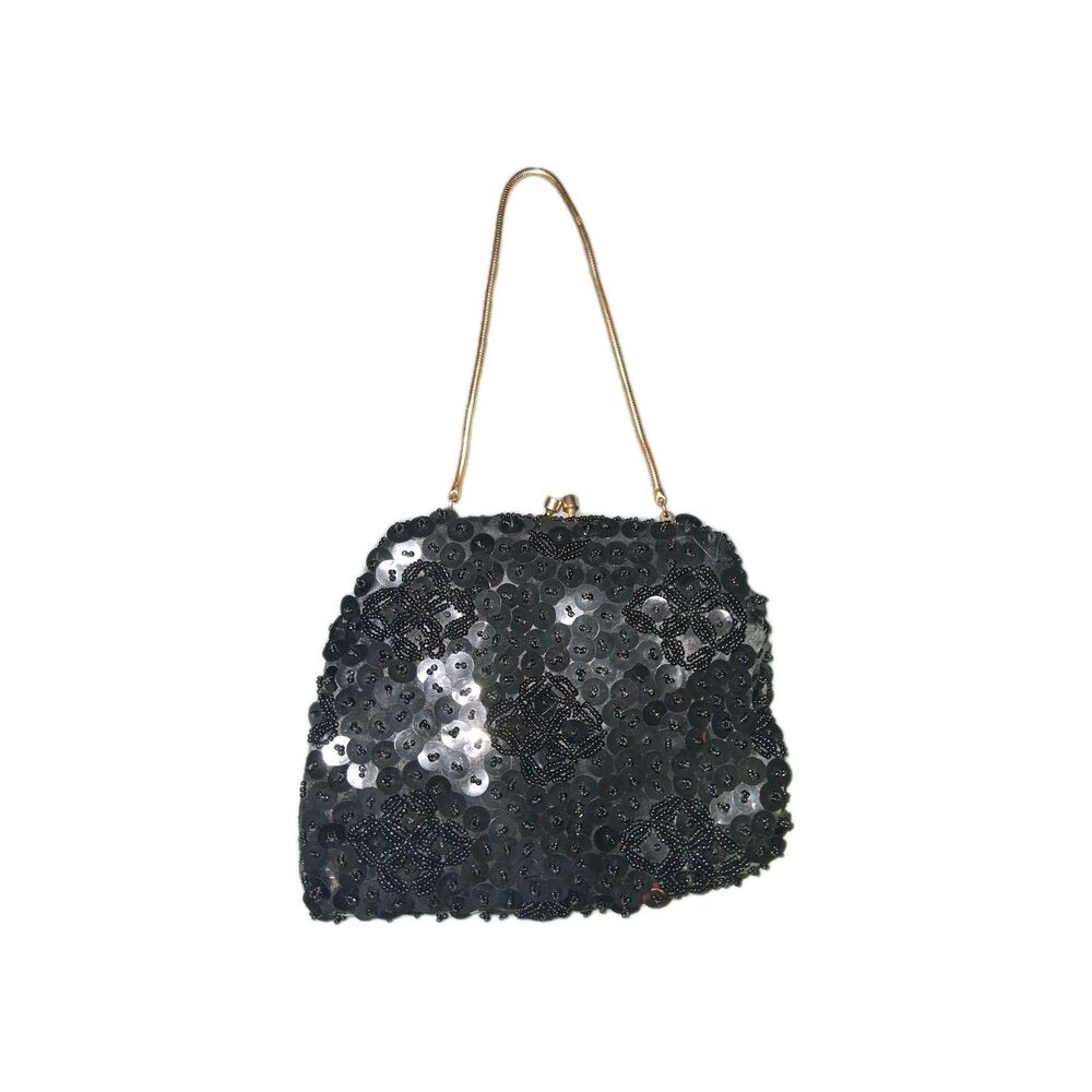Vintage Hand Beaded Sequin purse Made in‎ Hong Kong Black